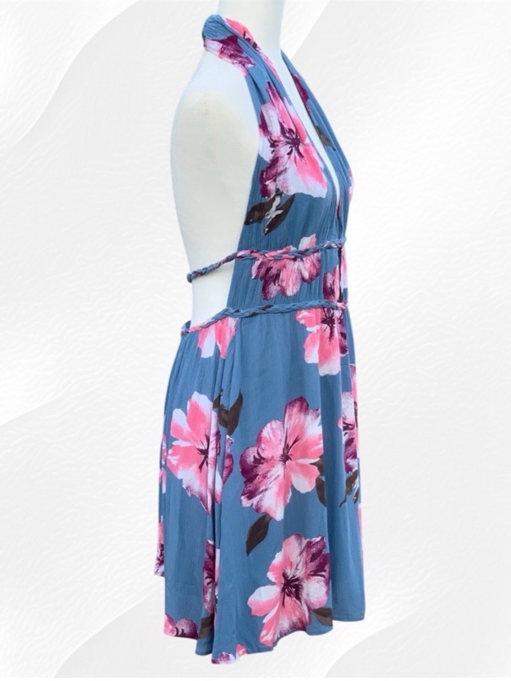 Venus Backless Blue & Pink Hibiscus Tropical Floral Crepe Halter Swing Dress 10 - Picture 2 of 11